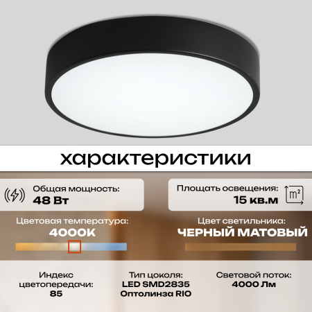 Светильник потолочный черный LED 48Вт D40см